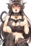  1girl animal_ears bell bell_collar black_bra black_hair black_legwear black_panties blush bra breasts cat_cutout cat_ears cat_lingerie cat_tail cleavage_cutout collar dated headgear highres kantai_collection kemonomimi_mode large_breasts long_hair looking_at_viewer nagato_(kantai_collection) navel okitakung open_mouth panties paw_pose red_eyes side-tie_panties signature solo tail thigh-highs tongue tongue_out underwear underwear_only very_long_hair 