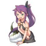  1girl armlet bare_shoulders black_skirt bracelet flat_chest forked_tongue green_eyes jewelry keto_(funrei_doryoku) lamia long_hair long_tongue looking_at_viewer mon-musu_quest! monster_girl o-ring_bottom o-ring_top pointy_ears ponytail purple_hair simple_background skirt smile solo tiny_lamia_(mon-musu_quest!) tongue tongue_out transparent_background very_long_hair 