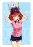  1girl :d ^_^ blue_background blush character_name closed_eyes dated denim denim_shorts hair_ribbon happy_birthday headwear_removed helmet helmet_removed machi_fuka mikagami_mimika open_mouth redhead ribbon shiny shiny_hair short_hair short_twintails shorts smile solo soukyuu_no_fafner twintails 
