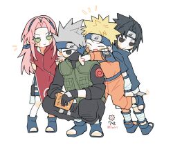  1girl 2zziri 3boys arms_behind_back bandaged_leg bandages black_eyes black_gloves black_hair black_jacket black_mask black_pants black_shirt blonde_hair blue_hairband blue_headband blue_shoes blush book child closed_eyes closed_mouth detached_sleeves dress facial_mark flak_jacket food full_body gloves green_eyes green_vest grey_hair hairband haruno_sakura hatake_kakashi headband headband_over_one_eye highres holding holding_book holding_kunai holding_weapon holster hug hug_from_behind jacket jumpsuit kamaboko konohagakure_shinobi_uniform konohagakure_symbol kunai long_hair mask mouth_mask multiple_boys naruto_(classic) naruto_(series) narutomaki open-toe_shoes open_mouth orange_jacket orange_jumpsuit orange_pants outstretched_arms pants parted_bangs pink_hair red_dress shirt shoes short_hair shorts side_slit smile sparkle spiky_hair squatting thigh_holster twitter_username uchiha_sasuke uzumaki_naruto vest weapon whisker_markings white_background white_shorts white_sleeves 