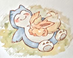  blush claws closed_eyes closed_mouth fangs flareon highres lying no_humans on_side pokemon pokemon_(creature) pokemon_focus rai_(rai_kw) smile snorlax 