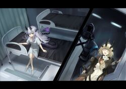  2girls absurdres aged_down arknights bed black_jacket blonde_hair bodystocking crossed_legs doctor_(arknights) dragon_horns dress green_eyes grey_hair hair_ornament hair_over_one_eye highres horns hospital hospital_bed hospital_gown indoors jacket letterboxed long_hair multiple_girls necrass_(arknights) o_o off_shoulder official_alternate_costume olivier_yoyo one_eye_covered open_clothes open_jacket reed_(arknights) reed_the_flame_shadow_(arknights) sitting slippers time_paradox white_dress white_slippers 