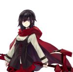  blush brown_eyes brown_hair cape ruby_rose rwby scythe short_hair warrior 