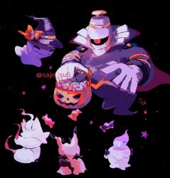  black_background black_sclera bow candle candy cape closed_eyes colored_sclera dusknoir fire floating food full_body ghost ghost_type_theme_(pokemon) halloween halloween_bucket hat highres litwick mimikyu no_humans one-eyed orange_bow pokemon pokemon_(creature) pokemon_focus purple_fire red_eyes shuppet smile star_(symbol) su_(sajo_su5) witch_hat zorua 