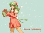  1girl box bunny_tail christmas darren_geers dress earrings elbow_gloves full_body gift gift_box gloves green_hair hat jewelry lips long_hair looking_at_viewer merry_christmas pointy_ears red_dress red_gloves santa_hat smile snow solo tail violet_eyes 