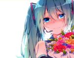  1girl asagao_minoru blue_eyes blue_hair blush bouquet flower hatsune_miku headset long_hair smile solo tears twintails vocaloid 