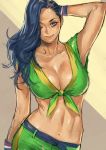  1girl asymmetrical_hair black_hair bracelet breasts brown_eyes cleavage contrapposto cornrows crop_top dark_skin front-tie_top jewelry large_breasts laura_matsuda lips long_hair mana30row midriff navel one_eye_closed sleeveless smile solo street_fighter street_fighter_v wavy_hair 