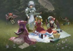  6+girls alternate_costume apple apron ascot beret black_ascot black_bow black_bowtie black_gloves black_ribbon black_shoes black_skirt black_vest blonde_hair blue_eyes blue_hair book bow bowtie braid bug butterfly butterfly_on_head capelet closed_eyes closed_mouth collared_shirt commentary crescent crescent_hat_ornament crystal crystal_wings cup demon_wings dress english_commentary fighting_stance flandre_scarlet flower food frilled_capelet frilled_shirt_collar frilled_sleeves frilled_wrist_cuffs frills fruit gloves grass green_hat green_vest grey_hair hair_bow hat hat_ornament hat_ribbon head_wings highres holding holding_cup holding_umbrella hong_meiling izayoi_sakuya koakuma long_hair long_sleeves maid maid_apron maid_headdress mary_janes mob_cap multicolored_wings multiple_girls neck_ribbon necktie one_side_up onigiri open_book orange_butterfly outdoors pants patchouli_knowledge picnic picnic_basket picnic_blanket pink_capelet pink_dress pink_hat pointy_ears puffy_short_sleeves puffy_sleeves reading red_eyes red_hair red_necktie red_skirt red_vest red_wrist_cuffs remilia_scarlet ribbon shirt shoes short_sleeves siblings single_unworn_shoe sisters sitting skirt skirt_set smile socks star_(symbol) star_hat_ornament striped_clothes striped_dress teacup teapot touhou twin_braids umbrella vertical-striped_clothes vertical-striped_dress very_long_hair vest white_apron white_hat white_pants white_shirt white_socks wide_sleeves wings wrist_cuffs yuuren_kyouko 