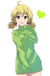  1girl :d ahoge alternate_hairstyle blonde_hair green_eyes hair_ornament hair_scrunchie heart highres hoshii_miki idolmaster looking_at_viewer low_twintails open_mouth ribbed_sweater scrunchie short_twintails sleeves_past_wrists smile solo sweater turtleneck twintails yumekaranigeruna 