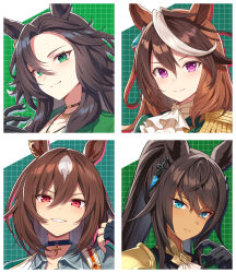  4girls aiguillette animal_ears ascot asymmetrical_jacket black_gloves black_hair blue_eyes blush breasts brown_hair buttons cape closed_mouth collarbone commentary_request dark-skinned_female dark_skin double-breasted ear_ornament earrings epaulettes fingerless_gloves gloves green_jacket grey_shirt hair_between_eyes highres horse_ears horse_girl jacket jewelry long_hair long_sleeves looking_at_viewer mauve medal multicolored_hair multiple_girls open_mouth pendant_choker ponytail red_cape red_eyes shirt side_cape simple_background single_epaulette sirius_symboli_(feroce)_(umamusume) sirius_symboli_(umamusume) smile speed_symboli_(umamusume) streaked_hair symboli_kris_s_(onyx_soldier)_(umamusume) symboli_kris_s_(umamusume) symboli_rudolf_(emperor's_path)_(umamusume) symboli_rudolf_(umamusume) umamusume upper_body violet_eyes white_ascot white_background white_gloves white_hair 