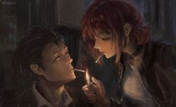 1boy 1girl black_choker black_hair black_jacket breasts choker cigarette collared_shirt commentary_request earrings folded_hair highres holding holding_lighter jacket jewelry lighter lighting_cigarette long_sleeves looking_at_another medium_breasts mouth_hold open_clothes open_jacket painterly raitzink red_hair sasaki_(super_no_ura_de_yani_suu_futari) shirt smoking super_no_ura_de_yani_suu_futari tayama_(super_no_ura_de_yani_suu_futari) twitter_username white_shirt 