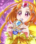  1girl bow brown_hair chocokin circlet cure_muse_(yellow) earrings gem hair_bow heart jewelry long_hair magical_girl musical_note pink_eyes precure purple_background shirabe_ako solo staff_(music) star suite_precure upper_body whistle yellow_bow 