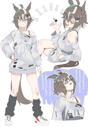  1girl absurdres animal_ears baggy_clothes black_shorts black_socks black_tank_top blue_eyes blush breasts brown_hair closed_eyes closed_mouth collarbone dice dress fang grey_dress grey_streaks hair_ornament hair_over_one_eye highres horse_ears horse_girl horse_tail kazoku_chicken long_sleeves looking_at_viewer loose_socks multicolored_hair open_mouth rulership_(casual)_(umamusume) rulership_(umamusume) shoes short_hair shorts single_bare_shoulder smile socks streaked_hair tail tank_top torn_clothes torn_dress umamusume white_shoes 