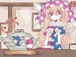  !? 1girl american_flag_legwear american_flag_shirt bangs blonde_hair clownpiece collar commentary_request cooking cooking_pot fairy_wings frilled_collar frills hat jester_cap long_hair nagi_(nagito) pantyhose polka_dot pot red_eyes solo touhou wings 