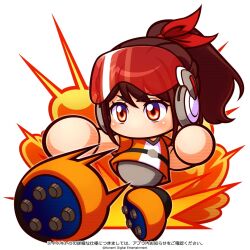  1girl artist_request ball belt black_belt black_shoes bow brown_eyes brown_hair commentary_request copyright_notice explosion goggles goggles_on_head hair_bow high_ponytail jikkyou_powerful_pro_yakyuu jikkyou_powerful_pro_yakyuu_(style) jikkyou_powerful_soccer kakiuchi_rumi multicolored_shirt multicolored_shoes no_mouth official_art orange_shirt orange_shoes playing_sports ponytail rayman_limbs red_bow shirt shoes short_sleeves soccer_uniform solo sportswear translation_request two-tone_shoes white_shirt 