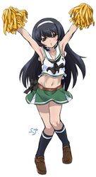  1girl black_hair brown_eyes cheerleader girls_und_panzer highres long_hair midriff pom_poms reizei_mako shift_(waage) simple_background 