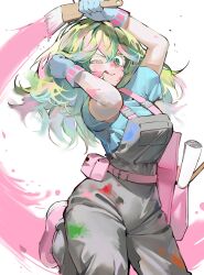 1girl :q ;q ahha3_good belt belt_pouch blue_gloves blue_shirt blush boku_no_hero_academia breasts bright_pupils colored_eyelashes commentary english_commentary gloves green_eyes green_hair grey_overalls hagakure_toru highres holding holding_brush large_breasts long_hair messy_hair multicolored_eyes multicolored_hair one_eye_closed overalls paint paint_on_clothes paint_splatter paint_splatter_on_face paintbrush pink_belt pink_shoes pink_streaks pouch shirt shoes smile solo streaked_hair thick_eyelashes tongue tongue_out trim_brush two-tone_eyes white_background white_pupils yellow_eyes 