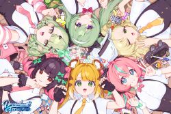 6+girls angels_of_delusion animal_ears aqua_hair aria_(human)_(zenless_zone_zero) aria_(zenless_zone_zero) arm_warmers black_gloves black_hair blonde_hair blue_eyes bow bowtie bridal_gauntlets closed_mouth colored_inner_hair commentary corin_wickes english_commentary fangs finger_heart fingerless_gloves gloves green_bow green_eyes green_hair hair_between_eyes hair_bow hand_up hands_up highres hoyofair ju_fufu long_hair looking_at_viewer monoco55 multicolored_hair multiple_girls nangong_yu necktie one_eye_closed open_mouth parted_lips paw_pose pink_hair pink_necktie piper_wheel red_bow red_bowtie red_eyes scrunchie shirt short_sleeves smile streaked_hair striped_arm_warmers sunna_(zenless_zone_zero) symbol-shaped_pupils teeth tiger_ears tiger_girl upper_teeth_only v violet_eyes white_bridal_gauntlets white_shirt wrist_scrunchie yellow_necktie zenless_zone_zero 