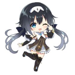 1girl absurdres bare_shoulders black_dress black_hair blue_eyes boots chibi chibi_only commentary_request date_a_live detached_sleeves dress frilled_dress frills full_body garter_straps highres leg_up looking_at_viewer nibelcol one_eye_closed open_mouth solo sukimartdayo thigh_boots twintails v white_dress 