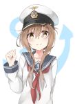  1girl anchor_symbol arm_behind_back blush brown_eyes brown_hair commentary_request hat highres inazuma_(kantai_collection) kantai_collection looking_at_viewer neckerchief peaked_cap raised_hand school_uniform serafuku sidelocks smile solo yakitori_(yakitori06) 