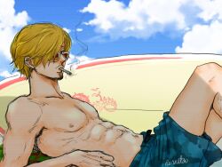  1boy abs blonde_hair cigar cigarette curly_eyebrows facial_hair goatee hair_over_one_eye horneta2929 male_focus mustache_stubble one_piece outdoors sanji_(one_piece) smoke smoke_trail smoking solo stubble toned toned_male 