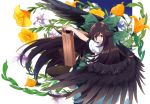  1girl arm_cannon black_legwear black_wings brown_hair floral_background flower hair_ribbon long_hair looking_at_viewer open_mouth outstretched_arms red_eyes reiuji_utsuho ribbon shirt short_sleeves skirt smile solo thigh-highs touhou touzai_(poppin_phl95) weapon white_background wings 