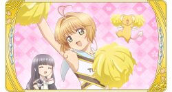  >_< 2girls :d ^_^ antenna_hair black_hair blunt_bangs blush_stickers border brown_hair camcorder cardcaptor_sakura cardcaptor_sakura_clear_card_arc cheering cheerleader closed_eyes cousins creature daidouji_tomoyo green_eyes hand_on_own_cheek hand_on_own_face holding holding_pom_poms kero_(cardcaptor_sakura) kinomoto_sakura long_hair multiple_girls necktie official_art open_mouth ornate_border pink_background pom_pom_(cheerleading) short_hair smile third-party_source video_camera white_necktie white_wings wings 