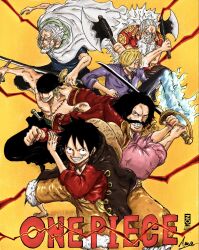  bandana black_bandana black_hair blonde_hair curly_eyebrows gol_d._roger green_hair highres monkey_d._luffy multiple_boys one_piece roronoa_zoro sanji_(one_piece) scar scar_across_eye scar_on_chest scar_on_face scopper_gaban silvers_rayleigh smile stitched_torso stitches white_hair xginrw 