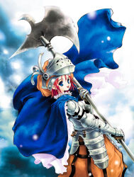  1girl armor axe battle_axe blue_cape blue_eyes breastplate brown_skirt cape couter cowboy_shot gauntlets helmet holding holding_axe looking_at_viewer looking_back open_mouth original pauldrons red_hair short_hair shoulder_armor single_pauldron skirt smile solo standing sumi_keiichi third-party_source visor_(armor) visor_lift weapon 