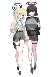  2girls absurdres alternate_hair_length_(shorter) alternate_hairstyle bag belt black_bag black_belt black_hair black_halo black_jacket black_shoes black_skirt blonde_hair blue_archive blue_bow blue_eyes blue_hair blue_halo blue_necktie blue_streaks blunt_bangs bow breast_pocket breasts brown_jacket closed_mouth collared_shirt commentary earrings eyelashes full_body grey_skirt grey_socks grey_sweater hair_bow hair_intakes halo hanaet handbag highres holding_strap jacket jewelry large_breasts long_sleeves multicolored_hair multiple_girls necktie open_clothes open_jacket pocket pouch red_eyes rio_(blue_archive) shirt shoes short_hair simple_background skirt socks standing streaked_hair sweater thigh_pouch thigh_strap toki_(blue_archive) two-tone_hair unfinished white_background white_shirt white_socks 