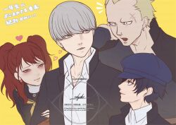  2boys 2girls androgynous blonde_hair blue_hair brown_hair grey_eyes grey_hair hat kujikawa_rise looking_at_another multiple_boys multiple_girls narukami_yu newsboy_cap pean_(mizuki613) persona persona_4 school_uniform shirogane_naoto short_hair tatsumi_kanji tomboy yasogami_school_uniform 