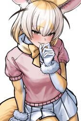  1girl absurdres animal_ear_fluff animal_ears blonde_hair blush bow bowtie brown_eyes deku_suke elbow_gloves extra_ears fennec_(kemono_friends) fox_ears fox_girl fox_tail gloves hair_between_eyes hand_to_own_mouth highres kemono_friends looking_at_viewer miniskirt multicolored_gloves multicolored_hair pantyhose parted_lips pink_sweater pleated_skirt short_hair simple_background skirt smile solo sweater tail white_background white_gloves white_hair white_skirt yellow_bow yellow_bowtie yellow_pantyhose 