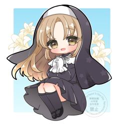  1girl black_headdress black_robe black_shoes black_socks blonde_hair blue_background blush border chibi chibi_only floating flower gloves highres invisible_chair kira0902 lily_(flower) long_hair nijisanji nun nun_headdress open_mouth own_hands_clasped own_hands_together parted_bangs robe shoes sister_claire sister_claire_(1st_costume) sitting smile socks solo traditional_nun virtual_youtuber white_border white_gloves yellow_eyes 