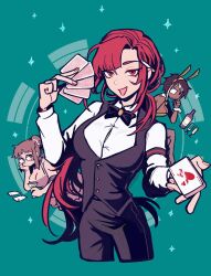  3girls armband black_armband black_bow black_bowtie black_pants black_vest blue_background blunt_bangs bottle bow bowtie brown_hair card cheppo cigarette cowboy_shot cup dark-skinned_female dark_skin dress drinking_glass emma_rockford evangeline_morgan eyepatch farah_reyes freckles glasses hair_bun hands_up holding holding_card holding_cup long_hair looking_at_viewer low_ponytail multiple_girls of_the_devil open_mouth pants pink_dress playboy_bunny ponytail red_eyes red_hair shirt short_hair smile standing vest white_shirt wine_glass wrist_cuffs 