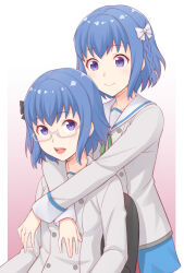  2girls :d action_heroine_cheer_fruits aoyama_genki aoyama_yuuki blue_hair blue_skirt bow braid commentary_request glasses gradient_background green_ribbon hair_bow haruneharu hug hug_from_behind multiple_girls neck_ribbon open_mouth pink_background ribbon school_uniform semi-rimless_eyewear short_hair siblings sisters sitting skirt smile under-rim_eyewear violet_eyes white-framed_eyewear white_bow 