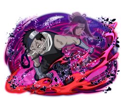  2boys black_hair black_pants black_shirt brown_eyes forehead_protector gloves grey_gloves haku_(naruto) kirigakure_symbol kunai looking_at_viewer momochi_zabuza mouth_hold multiple_boys naruto_(classic) naruto_(series) naruto_shippuuden:_ultimate_ninja_blazing official_art pants shirt short_hair sleeveless sleeveless_shirt weapon 