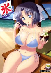  1girl artist_request bare_shoulders beach bikini black_hair blue_bikini blue_eyes blush bow breasts cleavage eating food hair_bow highres ice_cream large_breasts looking_at_viewer navel panties short_hair side-tie_panties smile solo swimsuit tongue tongue_out underwear yumi_(senran_kagura) 