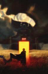  1boy absurdres antenna_hair armor black_boots blue_cape blurry blurry_background boots cape clouds cloudy_sky coat door english_commentary exit_sign facing_away floating_cape from_behind full_body highres honkai:_star_rail honkai_(series) male_focus moonya outdoors phainon_(honkai:_star_rail) short_hair shoulder_armor sky solo standing weeds white_hair 