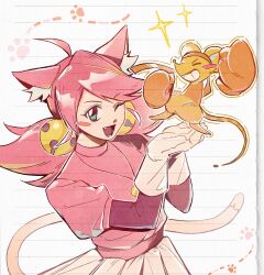  1girl ahoge animal_ear_fluff animal_ears bell blush_stickers bo_u_1 boxing_gloves cat_ears cat_girl cat_tail commentary deltarune dress fang gloves green_eyes grin hair_bell hair_ornament highres mad_mew_mew mouse_(animal) one_eye_closed open_mouth orange_(deltarune) pink_dress pink_hair single_blush_sticker smile tail utdr_(toby_fox) white_gloves 