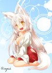  1girl animal_ears blonde_hair breasts cleavage_cutout eyebrows fang fox_ears fox_tail hakama hip_vent japanese_clothes kohaku_(yua) large_breasts long_hair looking_at_viewer miko off_shoulder open_mouth original shirt sitting slit_pupils smile solo tail textless thick_eyebrows v_arms very_long_hair wariza yellow_eyes yua_(checkmate) 