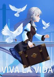  1girl absurdres aquilar bird black_skirt black_vest blue_sky clenched_hand closed_mouth commentary corrupted_twitter_file day derivative_work english_commentary english_text feet_out_of_frame from_side genshin_impact grey_hair hair_ornament highres holding holding_suitcase juliet_sleeves light_smile long_hair long_sleeves looking_ahead outdoors pantyhose photo-referenced profile puffy_sleeves railing running shirt signature skirt sky solo suitcase vest violet_eyes white_bird white_pantyhose white_shirt zeitlind_(genshin_impact) 