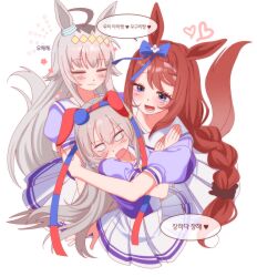  3girls absurdres ahoge animal_ears blank_eyes blue_eyes blue_hairband blush bow bowtie braid braided_ponytail breasts brown_hair closed_eyes closed_mouth commentary_request dog_for_amami ear_bow ear_covers ear_ornament fang grey_hair grey_tail hair_between_eyes hair_ornament hairband headband heart highres horse_ears horse_girl horse_tail hug large_breasts long_hair multicolored_hair multicolored_hairband multiple_girls oguri_cap_(umamusume) open_mouth pleated_skirt puffy_short_sleeves puffy_sleeves purple_bow purple_bowtie purple_shirt red_headband sailor_collar sailor_shirt school_uniform shirt short_sleeves skirt smile speech_bubble streaked_hair striped_clothes striped_hairband super_creek_(umamusume) tail tamamo_cross_(umamusume) tracen_school_uniform translation_request two-tone_hairband umamusume very_long_hair white_hair white_sailor_collar white_skirt 