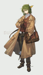  1girl bag belt black_pants boots brown_belt brown_boots brown_coat brown_gloves brown_vest closed_mouth coat commentary_request expressionless full_body gloves green_eyes green_hair hair_between_eyes hair_ribbon herayoshi highres kiki_(herayoshi) knee_boots long_sleeves looking_at_viewer open_clothes open_coat original pants pouch puffy_long_sleeves puffy_sleeves ribbon shirt short_hair shoulder_bag signature simple_background solo standing thigh_pouch thigh_strap twitter_username vest white_background white_shirt yellow_ribbon 