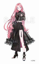  1girl black_shirt black_shoes black_skirt blue_nails commentary_request company_name copyright_notice fingernails full_body long_hair megurine_luka nail_polish official_art pink_hair sample_watermark shirt shoes skirt solo standing toenail_polish toenails toes very_long_hair vocaloid watermark white_background yua_(tick-tack) 