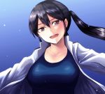  1girl black_eyes black_hair kitagou_fumika liar_lawyer long_hair looking_at_viewer open_clothes open_mouth open_shirt ponytail school_swimsuit shirt solo strike_witches swimsuit 