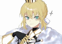  1girl aiguillette artoria_pendragon_(fate) blonde_hair braid braided_base bun_with_braided_base closed_mouth crown fate/grand_order fate_(series) fur_scarf green_eyes hair_bun highres kusuri_03 lord_logres_(fate) lord_logres_(first_ascension)_(fate) sidelocks solo upper_body white_background 