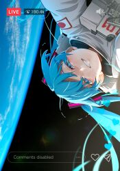  1girl absurdres aqua_eyes aqua_hair commentary earth_(planet) english_commentary english_text fake_screenshot floating_hair hatsune_miku highres khyle. livestream long_hair looking_at_viewer planet smile solo space spacesuit twintails upper_body upside-down very_long_hair vocaloid 