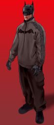 1boy bat_mask batman batman_(series) batman_symbol black_gloves bodysuit bodysuit_under_clothes dc_comics gloves grey_jacket highres jacket lukegelfman male_focus pants red_background simple_background solo superhero_costume the_batman_(2022) 