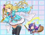  2girls 440 angelic_angel ayase_eli blonde_hair blue_eyes fan flower folding_fan japanese_clothes kimono long_hair love_live!_school_idol_project low_twintails multiple_girls open_mouth purple_hair raccoon_tail sash short_hair smile tail thigh-highs toujou_nozomi twintails 