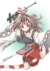  1girl aircraft airplane apron arrow_(projectile) bow_(weapon) brown_eyes brown_gloves commentary_request gloves grey_hair hakama hakama_shorts headband highres japanese_clothes kantai_collection kimono muneate partially_fingerless_gloves red_shoes shoes shorts single_glove solo striped_headband tetsuryuu twitter_username weapon white_kimono wide_sleeves yugake yumi_(bow) zuihou_(kancolle) 
